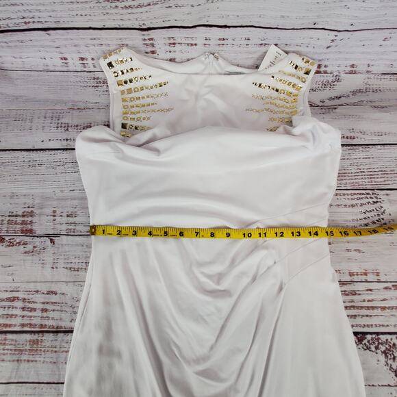 Cache White Ruched Shapely Mini Dress Size 12 Gold Geometric Studs Drape Fit NWT - Picture 12 of 14